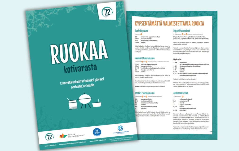 Ruokaa kotivarasta -esitteen vihreä kansi ja osittain kannen alla kuva oppaan sisäsivusta, jossa on reseptejä.